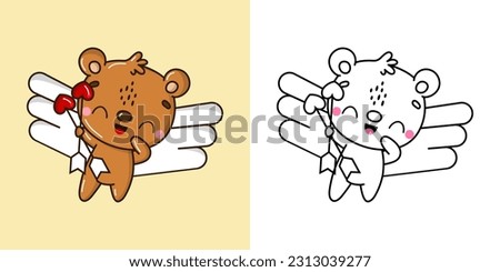 Set Brown Bear Coloring Page and Colored Illustration. Clip Art Kawaii Bear. Vector Illustration of a Kawaii Animal for Coloring Pages, Prints for Clothes, Stickers, Baby Shower.
