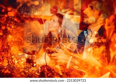 Post-apocalyptic wedding: a couple sits by a fire. High-quality fantasy stock photo capturing love amidst chaos. gaming and wedding concept.