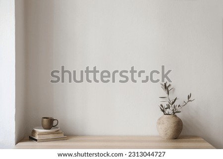 Elegant Mediterranean interior. Vintage vase with olive tree branches, cup of coffee. Books on wooden table. Living room still life. Empty wall copy space. Modern home, apartement design, no people. 