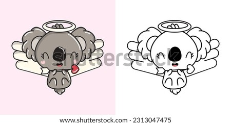 Set Koala Coloring Page and Colored Illustration. Clip Art Kawaii Animal. Vector Illustration of a Kawaii Animal for Coloring Pages, Prints for Clothes, Stickers, Baby Shower.
