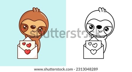 Set Sloth Coloring Page and Colored Illustration. Clip Art Kawaii Animal. Vector Illustration of a Kawaii Animal for Coloring Pages, Prints for Clothes, Stickers, Baby Shower.

