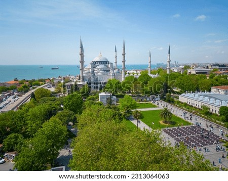 Blue Mosque Sultan Ahmet Camii aerial view in Sultanahmet in historic city of Istanbul, Turkey. Historic Areas of Istanbul is a UNESCO World Heritage Site since 1985.  Royalty-Free Stock Photo #2313064063