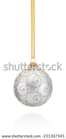 Silvery decorations Christmas ball hanging on golden braid Isolated on white background