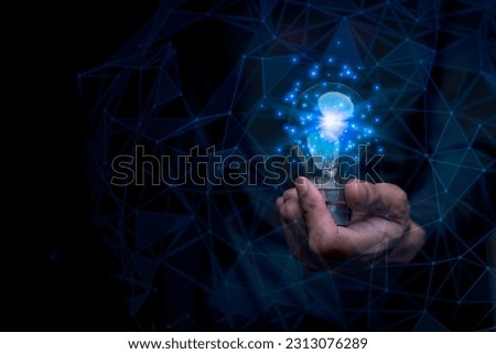 Businesswoman holding a light bulb, Creative new idea. Innovation, brainstorming, solution and inspiration concepts. imagination, creative thinking problem solving on polygon background.