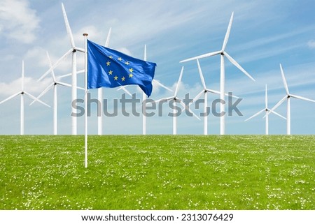 Official flag of the European Union on grass in front of a large windpark with wind turbines Royalty-Free Stock Photo #2313076429