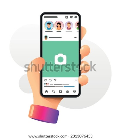 Instagram App on the smartphone screen. Main screen. Vector colorful social media illustration Royalty-Free Stock Photo #2313076453