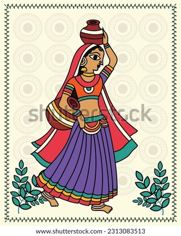 Graceful Elegance: Madhubani Painting of a Beautiful Indian Lady with Water Pot. Madhubani art, Contemporary Art, Indian Paintings, Wall Paintings, Modern Art Paintings.  Royalty-Free Stock Photo #2313083513