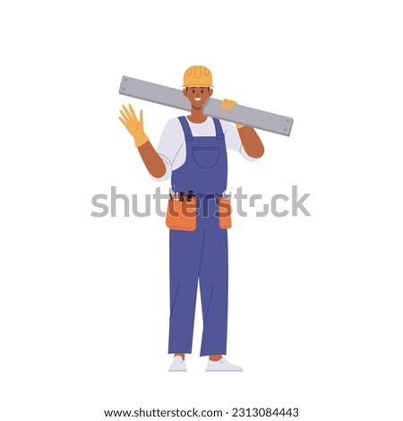 Portrait of smiling builder worker cartoon male character carrying level bubble and belt with tools