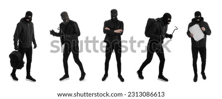 Collage with photos of man in balaclavas on white background Royalty-Free Stock Photo #2313086613