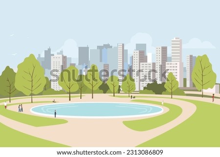 City park lawn and trees, small pond or fountain and abstract people figure. Flat style vector. On background business city center with skyscrapers. Green park vegetation in center of big town. Royalty-Free Stock Photo #2313086809