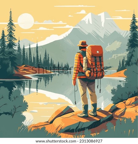 Wilderness Escape: Graphic Illustration of a Man's Camping Journey Royalty-Free Stock Photo #2313086927