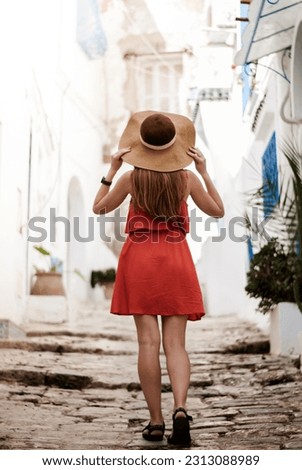 Girl in a hat on the old street of Sidi Bou Said. Royalty-Free Stock Photo #2313088989