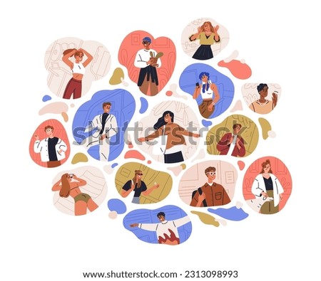 Diverse happy people composition. Daily life, communication, activities, everyday businesses. Different men, women lifestyle, living concept. Flat vector illustration isolated on white background. Royalty-Free Stock Photo #2313098993