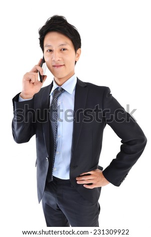 Successful young businessman with one thumbs up on white background