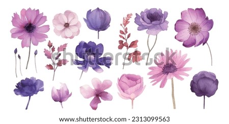 A set of flowers assembled into a beautiful bouquet in watercolor style isolated on white background flat vector illustration