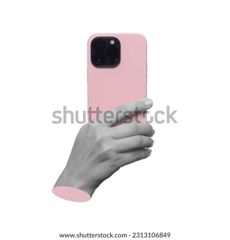 Pink mobile phone with photo camera in female hand isolated on white background. Mockup of a smartphone. Young woman takes picture. 3d trendy collage in magazine style. Contemporary art. Modern design