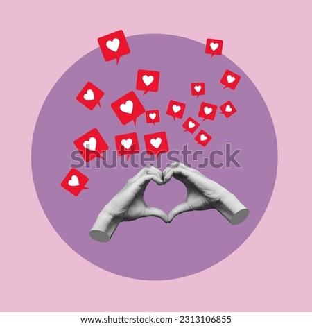 Human female hands showing a heart shape with plenty of like symbols from social networks on pink and purple color background. 3d trendy collage in magazine style. Contemporary art. Modern design