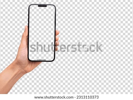 Hand holding smart phone Mockup and screen Transparent and Clipping Path isolated for Infographic Business web site design app Royalty-Free Stock Photo #2313110373