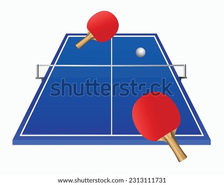 Vector 3d illustration table tennis. Blue table and rackets with ball on white background