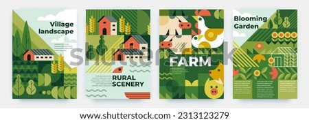 Nature house landscape. Geometric patterns. Abstract posters with village plants and flowers. Countryside scenery. Forest trees. Farm animals. Modern banner design. Vector backgrounds set Royalty-Free Stock Photo #2313123279