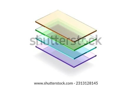 Blank colored transparent glass material layers mockup, 3d rendering. Empty multicolored acrylic layered section for window surface mock up, isolated. Clear glazier epoxy panel. 3D Illustration