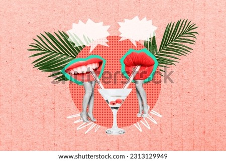 3d magazine collage image of dreamy smiling human lips drinking cocktail talking empty space isolated colorful background Royalty-Free Stock Photo #2313129949