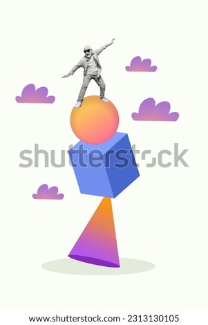 Photo collage artwork minimal picture of funky carefree senior guy having fun dancing 3d figures isolated graphical background