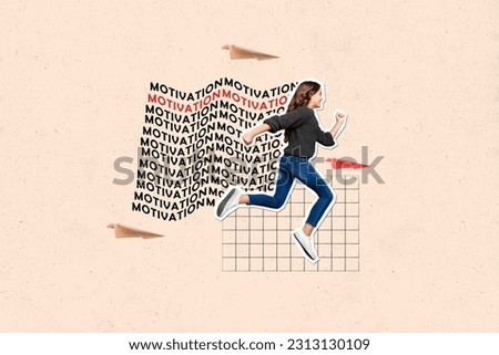 Collage picture of determined cheerful mini girl run flying paper plane motivation isolated on painted beige background