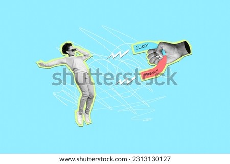 Collage picture of black white colors arm hold magnet pull attract client excited cool mini girl isolated on blue background Royalty-Free Stock Photo #2313130127