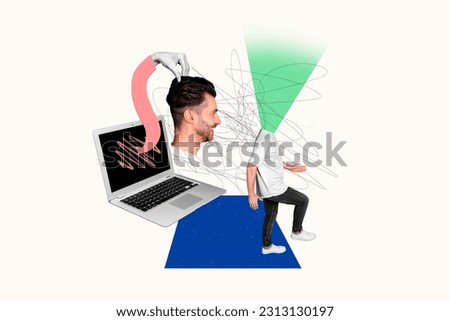 Creative collage image of netbook screen arm hold divided head mini guy body walking isolated on painted white background