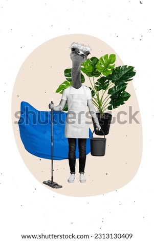 Vertical 3d pinup pop retro collage sketch of cartoon personage figurative creature hold mop hold bucket cleaning home inside room