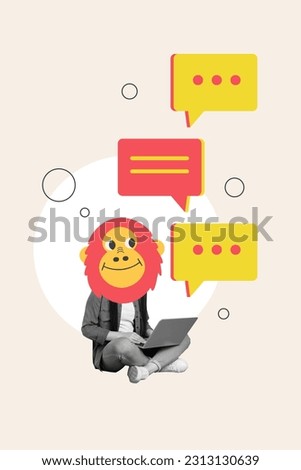 Photo cartoon comics sketch collage picture of smiling drawing monkey head lady chatting twitter telegram facebook isolated creative background