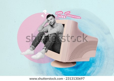 Collage picture of mainstream media pc computer display lies people propaganda man thoughts dilemma isolated on drawn blue background Royalty-Free Stock Photo #2313130697