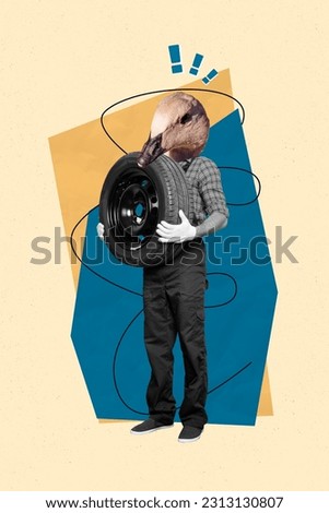 Funny illustration collage picture of head duck surreal person mechanic professional changing automobile tire isolated on beige background