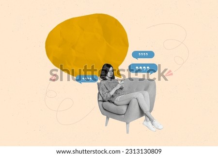 Photo of young business lady answer sms income notification dialogue between friends quotes phrases isolated on beige color background Royalty-Free Stock Photo #2313130809