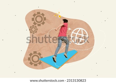 Creative composite photo illustration concept collage of excited man running search information in browser isolated colorful background