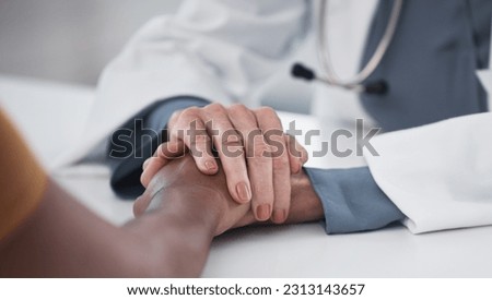 Empathy, closeup and holding hands of doctor and patient for medical, support and advice. Medicine, healthcare and help with people in hospital consulting room for depression, compassion and hope Royalty-Free Stock Photo #2313143657