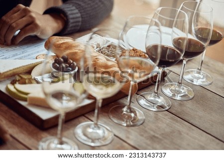 Wine tasting, cheese board and winery restaurant with alcohol and glass for customer. Eating, drink and person with rich wines and food pairing in a fine dining and luxury snack experience alone Royalty-Free Stock Photo #2313143737