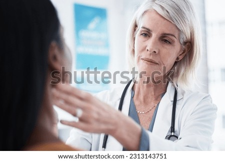 Consulting, throat and woman with doctor in hospital for sick, thyroid cancer or test. Healthcare, medicine and virus with medical physician and checking patient tonsils for emergency and injury