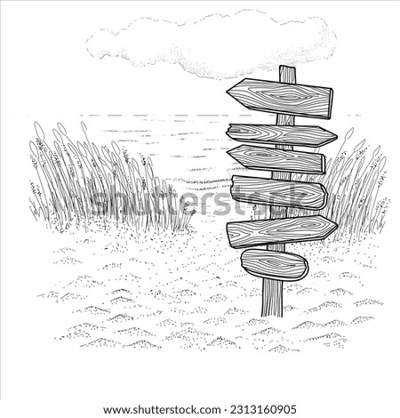 Information wooden signpost on the beach. Sky, nice weather. Happy holiday.  Stock illustration. Hand painted, line art .