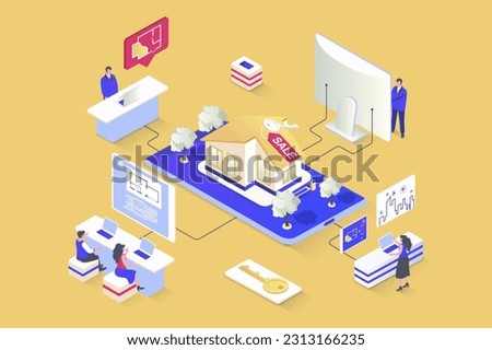 Real estate concept in 3d isometric design. Architectural agency makes blueprints, realtors sell apartments and houses to new owners. Vector illustration with isometry people scene for web graphic Royalty-Free Stock Photo #2313166235