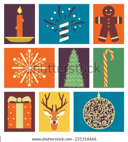 Vector illustration icon set of Christmas: candle, fireworks, cookies, snow, tree, candy, gift, deer, decoration