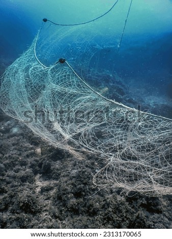 A fishing net underwater fixed on the seabed, deep water Royalty-Free Stock Photo #2313170065