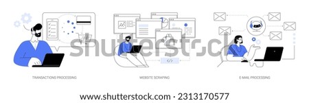 Business processes automation abstract concept vector illustration set. Transactions processing, website scraping, data transfer, automated e-mail sending, machine learning abstract metaphor. Royalty-Free Stock Photo #2313170577