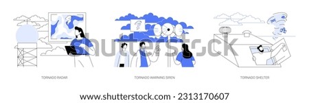 Tornado abstract concept vector illustration set. Tornado radar tracking, warning siren, storm shelter, natural disasters alarm system, safe place for windstorm victims abstract metaphor. Royalty-Free Stock Photo #2313170607