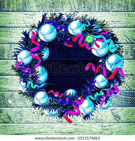 Christmas wreath with color balls and toys in female hands. Frontal view on a white wooden door. New year and christmas concert. Vector illustration