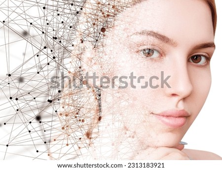 Young woman with dots and lines on face. Half face of young woman disappearing in virtual space. Royalty-Free Stock Photo #2313183921