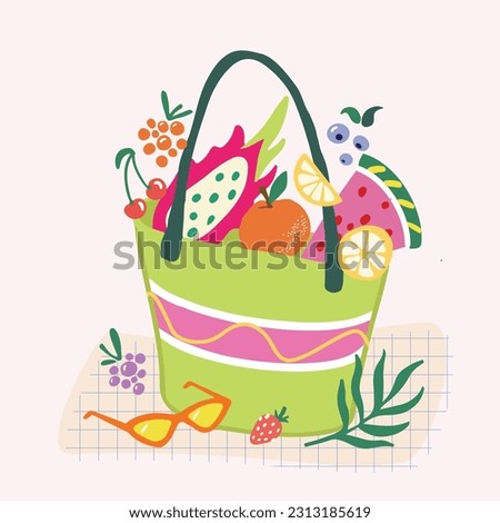 Vector illustration of summer bag with fruits and berries inside. Hand-drawn sunglasses, palm leaf, strawberry composition. Summer outdoor lunch picnic concept. 