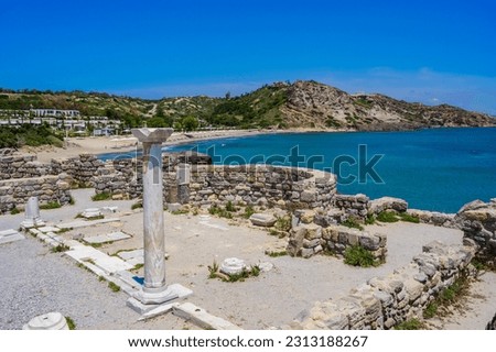 Agios Stefanos Beach - historical ruins and beautiful scenery at coast of island Kos, Greece Royalty-Free Stock Photo #2313188267