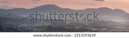 Banner 4x1 for social networks, website, typography with alpine valley landscape at sunset